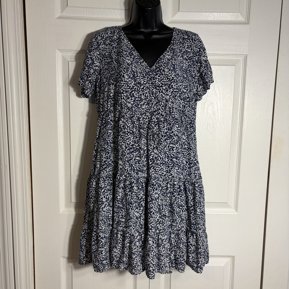 J Crew Tiered Floral Dress Women Blue White Short Sleeve Boho V Neck Ruffle Zip